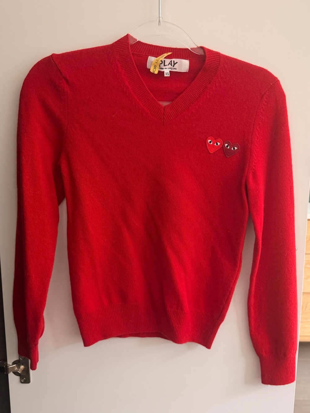 Comme des Garçons PLAY Red V-Neck Sweater with Double Heart Patch
